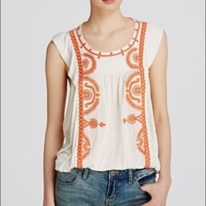 Free People Dos Sequndos Top Ivory Sz M‎ Embroidered Orange